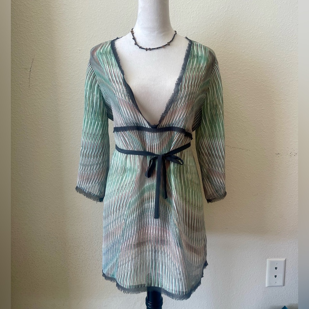 CAbi feminine tunic semi sheer green brown